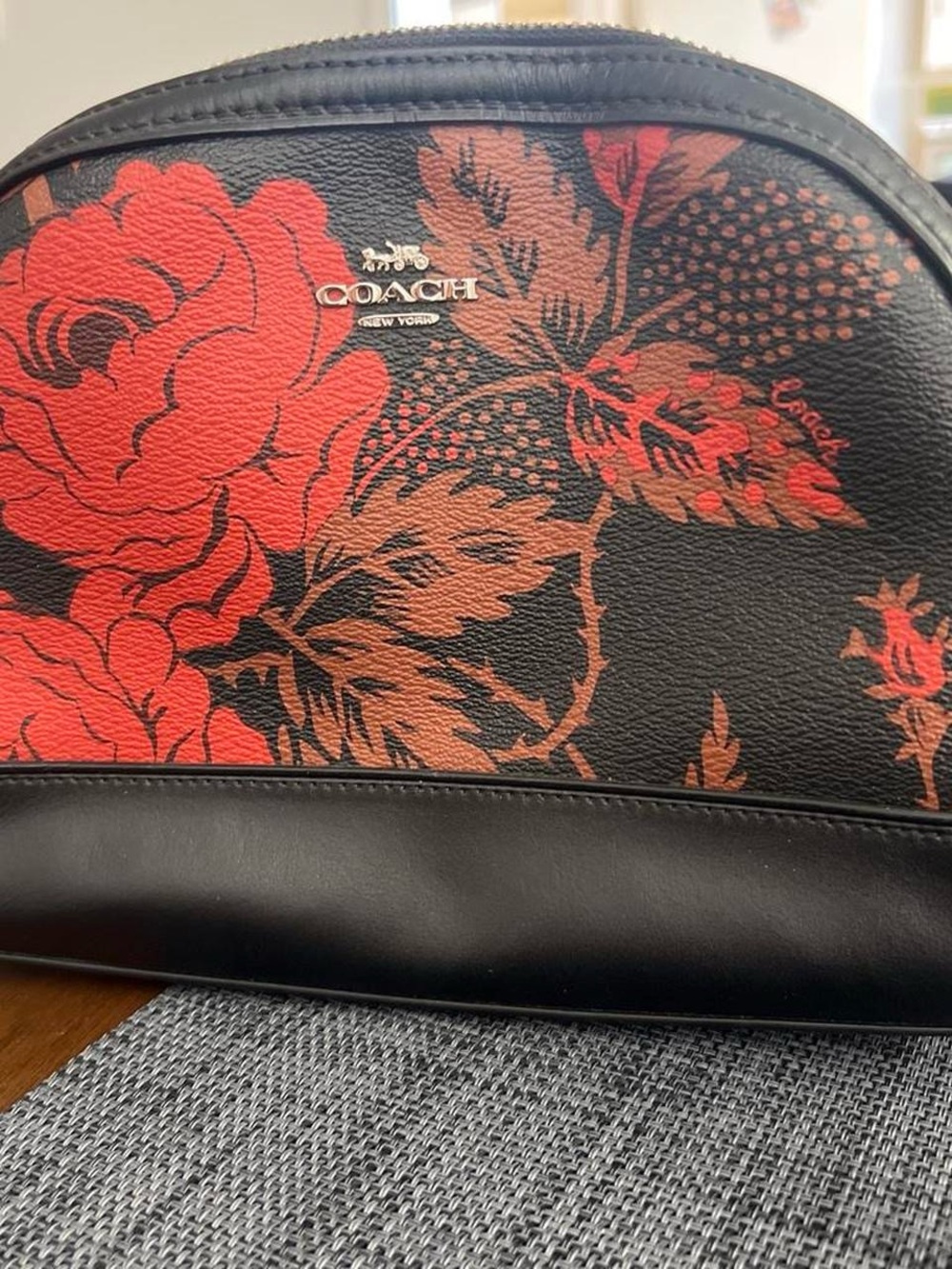 Coach Black Cosmetic Pouch with Red Floral Print